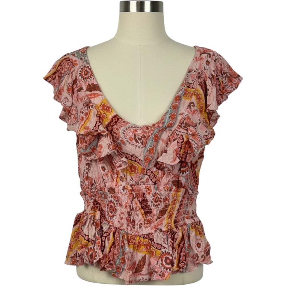 Liberty Love Peplum Blouse Womens Medium Pink Paisley Ruffle V-Neck Boho Top
